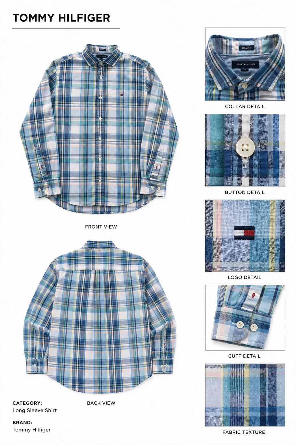 Tommy Hilfiger — Camisa Cuadros Azules, Talla S
