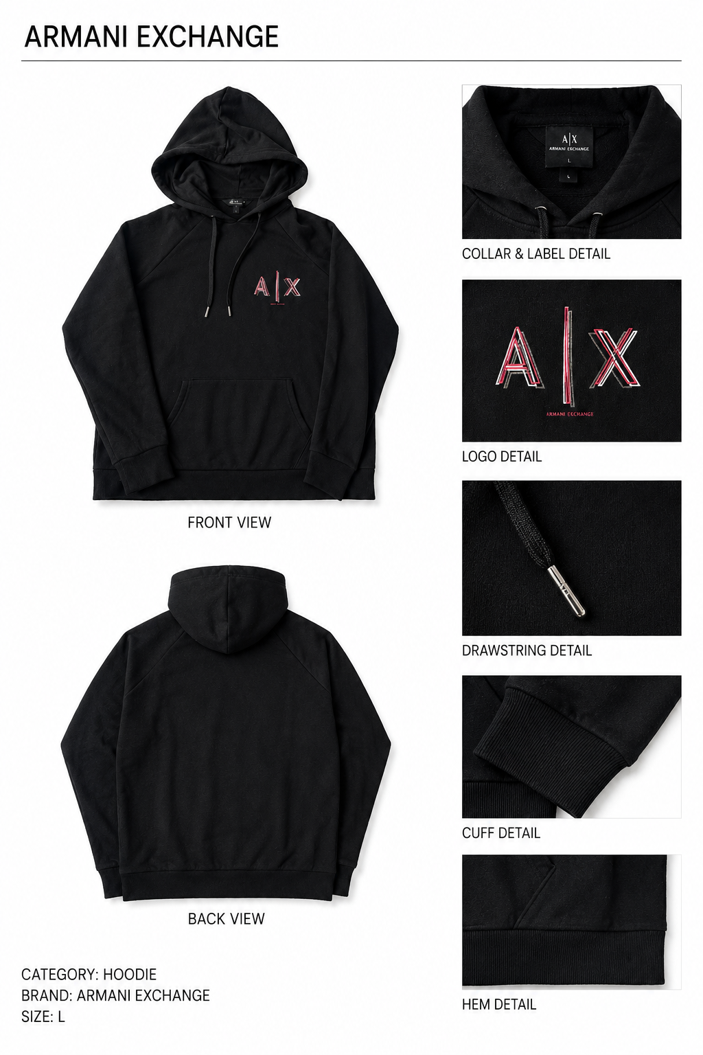 Armani Exchange — Hoodie Negro, Talla L