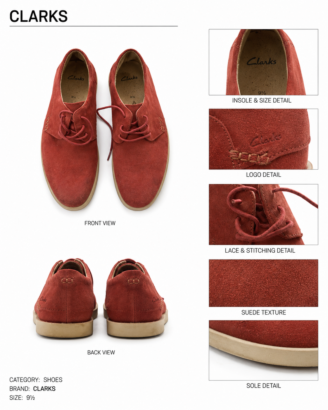Clarks — Used Zapatillas Gamuza Roja, Talla 45